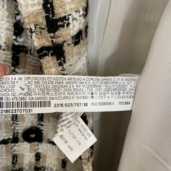 Zara Women Taupe Brown Lapel Collar Longline Textured Plaid Blazer Medium - Picture 13 of 16